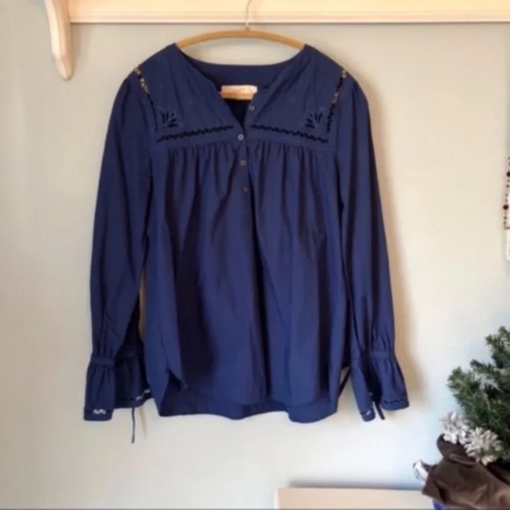 LOFT Cotton Embroidered Tie Cuff Blouse